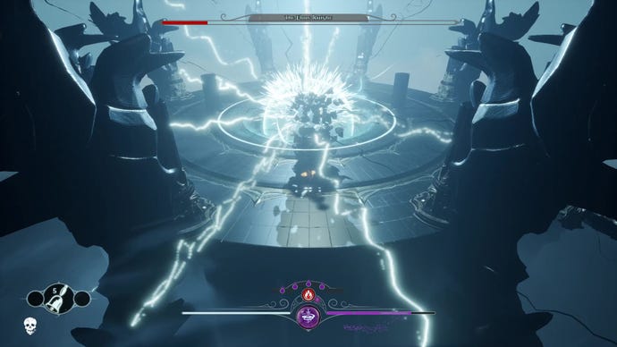 A screenshot of action-RPG Sands of Aura, showing the player facing a boss who radiates lightning in several directions.