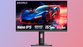 Koorui 24-inch gaming monitor with a 1440p resolution, 165Hz refresh rate, 1ms GtG pixel response time, Nano IPS panel and a sweet looking sports car pictured.