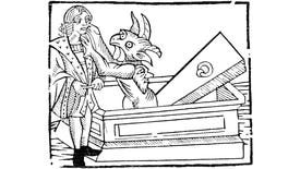 An illustration of a demon rising from a stone coffin to grasp at a chipperman's face.