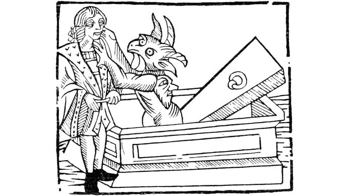 An illustration of a demon rising from a stone coffin to grasp at a chipperman's face.