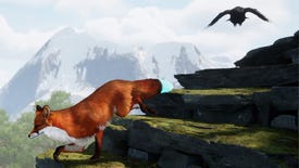 Spirit of the North 2's fox protagonist descends some rocky stairs with its raven companion hovering nearby