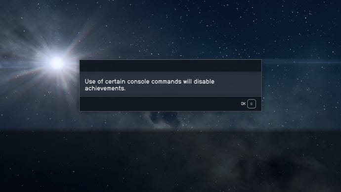 Starfield cheats warning that reads "Use of certain console commands will disable achievements."
