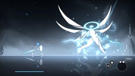 A Worldless screenshot showing a fight with a huge angelic enemy made up of abstract white shapes.